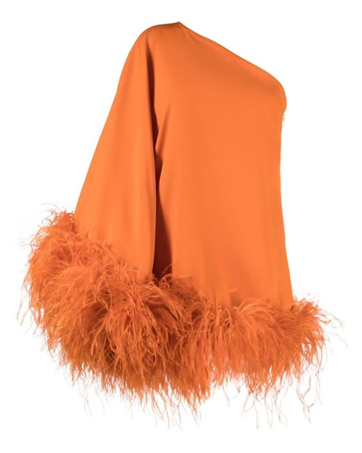 TALLER MARMO PRE Orange Piccolo Ubud One Shoulder Feather Trimmed Crepe Mini Dress