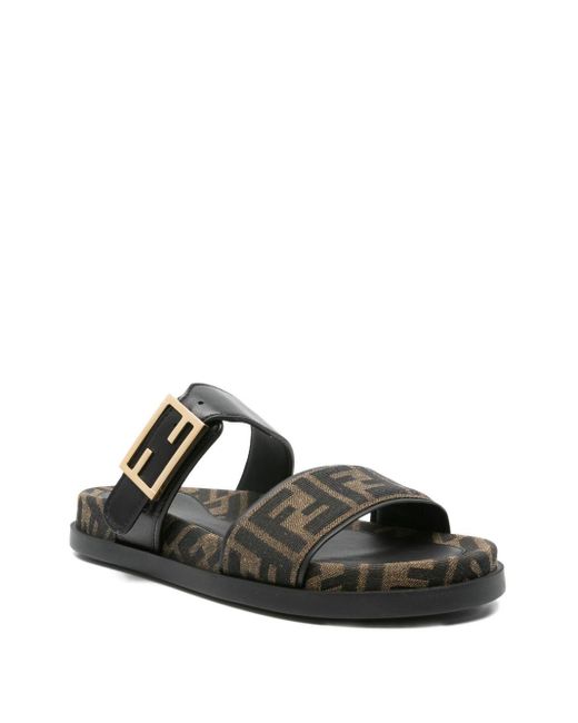 Fendi Black Ff Monogram Leather Sandals