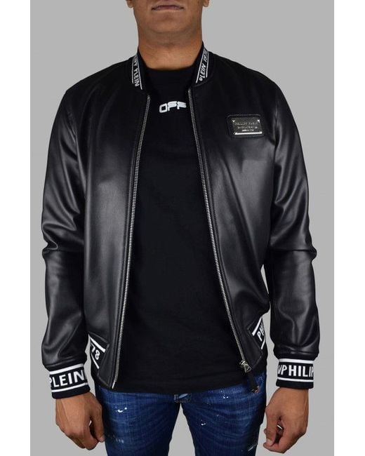 Philipp Plein Black Leather Bomber Jacket With Logo Accents