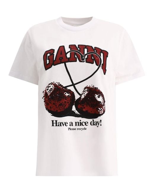 Ganni "cherry" T -shirt in het White
