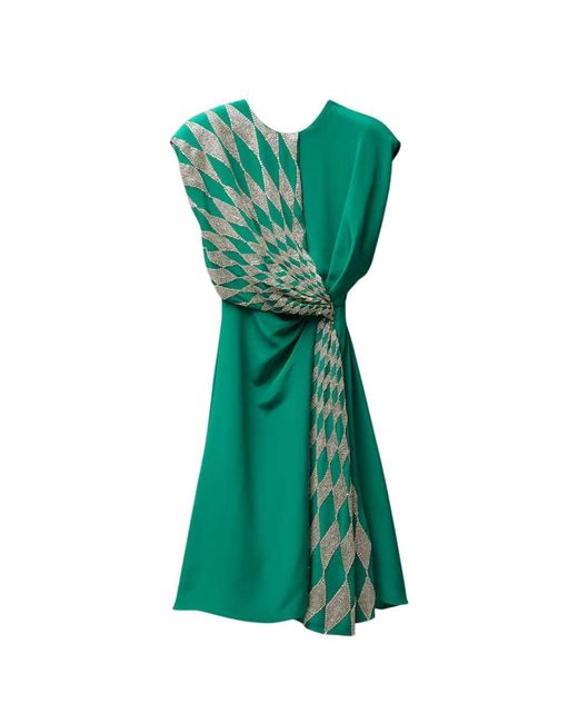Versace Green Silk Midi Evening Dress With Embroidery