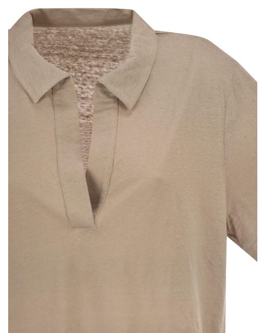 Majestic Natural Cropped Linen Stretch Polo With V Neck