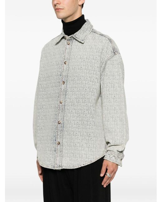 Emporio Armani Gray Monogram-Pattern Buttoned Shirt for men