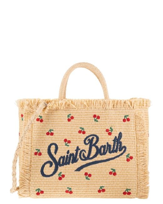 Mc2 Saint Barth Natural Woven Beach Tote Bag With Cherry Embroidery