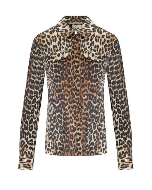 Ganni Natural Animal Print Satin Shirt for men