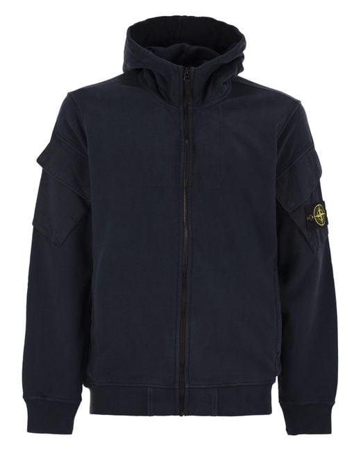 Stone Island Blue Hoodie With Zip And Sleeve Pockets for men