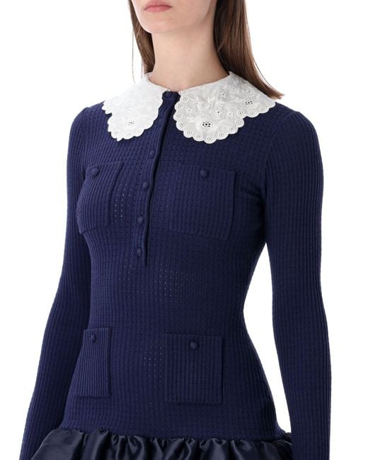 Self-Portrait Blue Knit And Taffeta Mini Dress