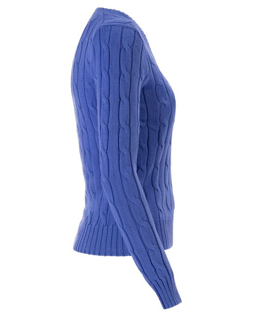 Polo Ralph Lauren Blue Cotton Cable Knit Jumper With V Neck
