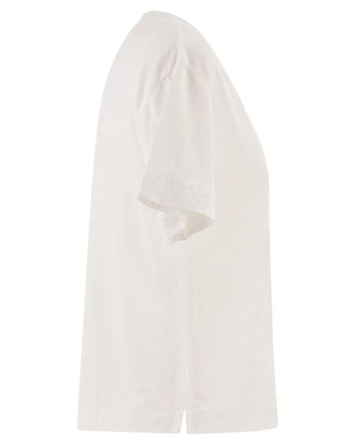 Majestic White Stretch Linen T Shirt With V Neck
