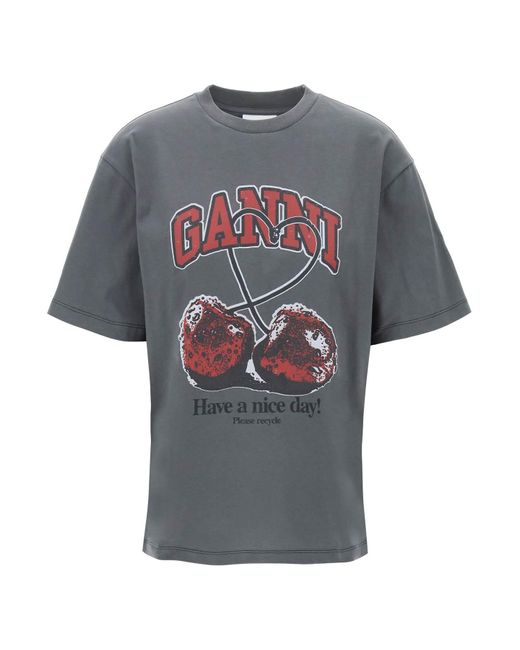 Ganni Cherry Print T -shirt Met in het Gray