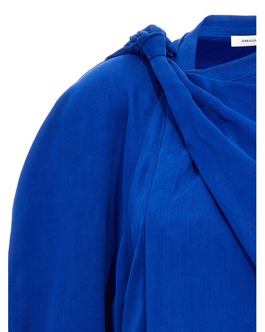 Ferragamo Blue Draped Asymmetric Shirt With Korean Collar