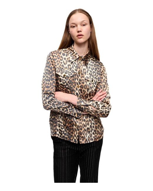Ganni Natural Animal Print Satin Shirt for men