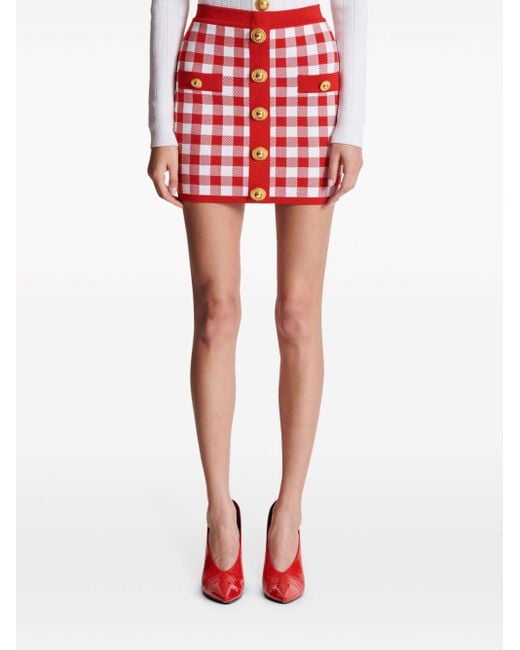 Balmain Red Vichy Buttoned Mini Skirt