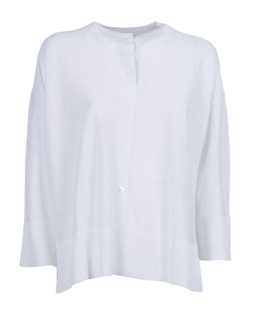 Kangra Cashmere White Serafino Con Bottoni E Micropaillettes