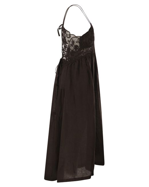 Maurizio Mykonos Black Long Linen Dress With Embroidered Bodice And Slim Straps