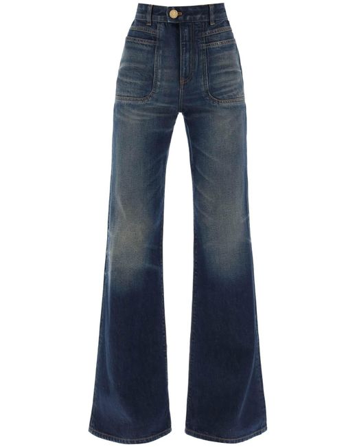 Balmain Blue Wide -Bein -Jeans mit dunkler Wäsche