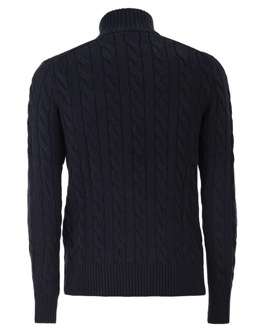 Polo Ralph Lauren Blue Cotton Cable Knit Jumper With Zip Fastening for men