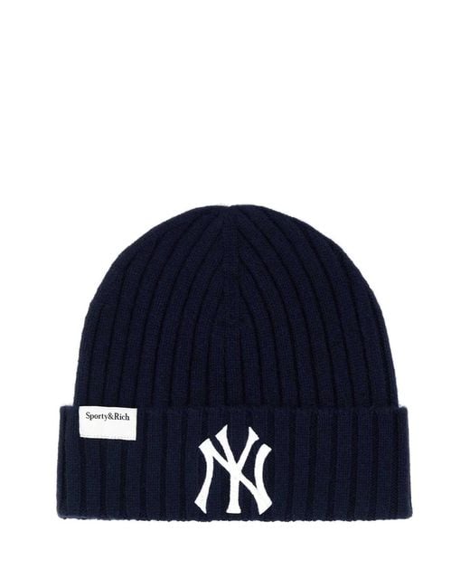 Sporty & Rich Navy Blue Cashmere Blend Yankees Beanie Hat for men