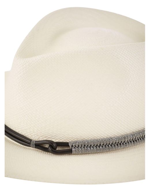 Brunello Cucinelli White Straw Fedora With Leather Band And Necklace