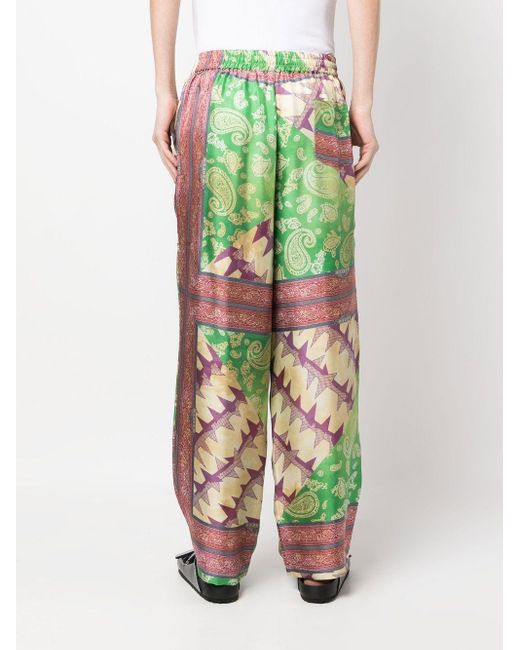 Aries Green Paisley-Print Silk Trousers for men
