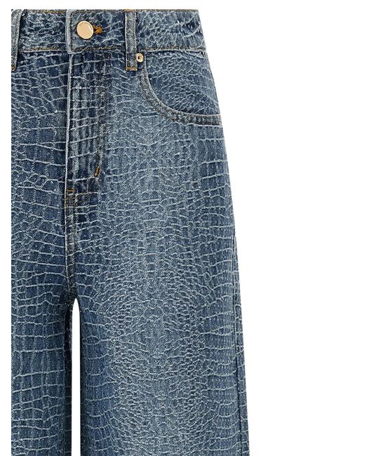 Self-Portrait Blue Rhinestone Croc Effect Wide Leg Jeans