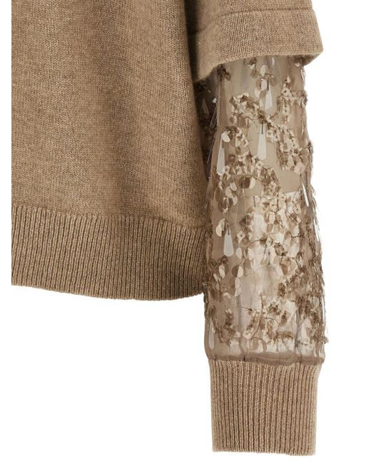 Brunello Cucinelli Natural Sequin Sleeve Sweater