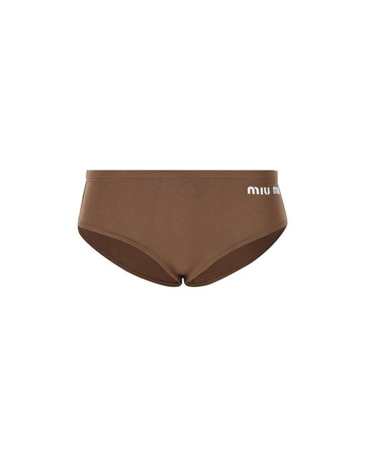 Logo Raccora Reglited Bikini Bocks di Miu Miu in Brown