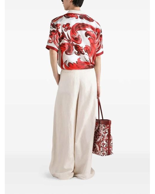 Dolce & Gabbana Red Dolce & Gabbana Silk Twill Hawaiian Shirt With Majolica Print for men
