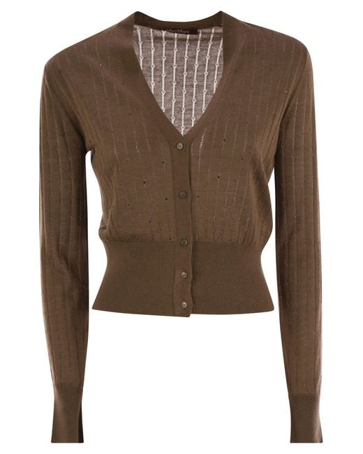 Max Mara Brown Nogara Wool And Silk Cardigan With Sequins
