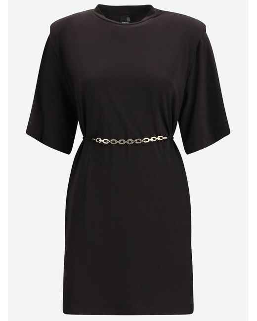 Pinko Black Allie Short Dress With Structured Shoulders And Chain