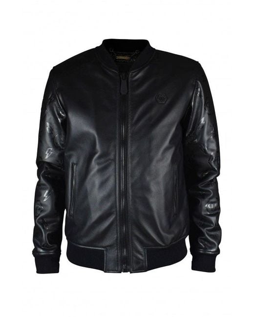 Philipp Plein Black Leather Bomber Jacket for men