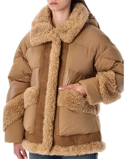 Urbancode Brown Camel Short Puffer Jacket With Faux Shearling