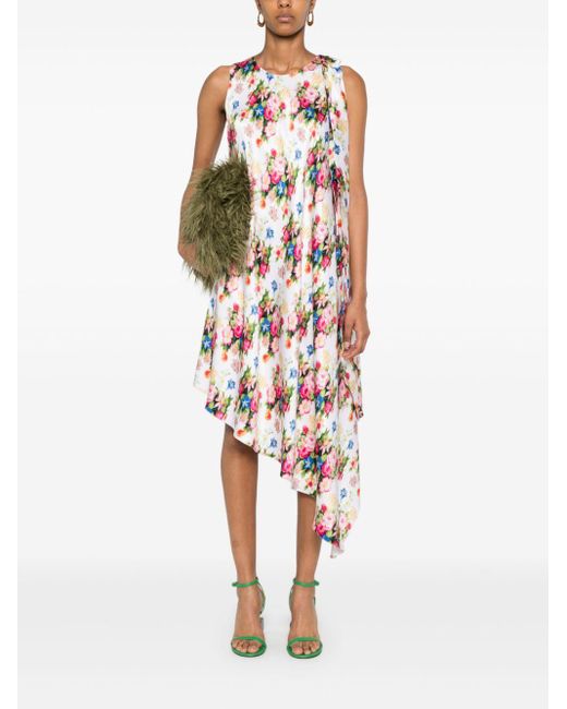 Loewe White Floral Silk Asymmetric Dress