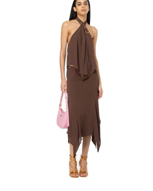 Pinko Brown Skirt With Belt Detail And Flowy Hem