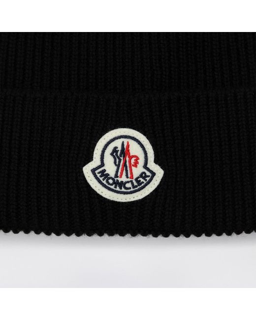 Moncler Black Wool Bonnet With Logo Patch for men