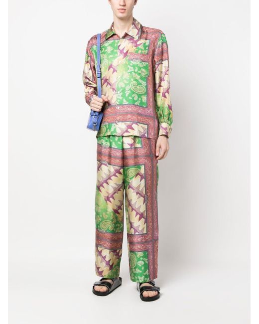 Aries Green Paisley-Print Silk Trousers for men