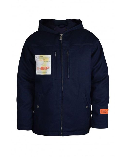 Heron Preston Blue Hooded Cotton Coat With Logo Accents for men