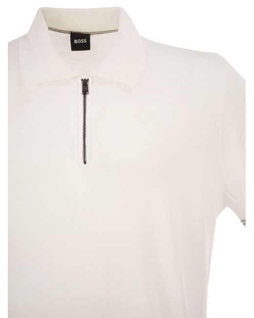 Boss White Linen And Viscose Polo Shirt With Zip And Contrast Trims