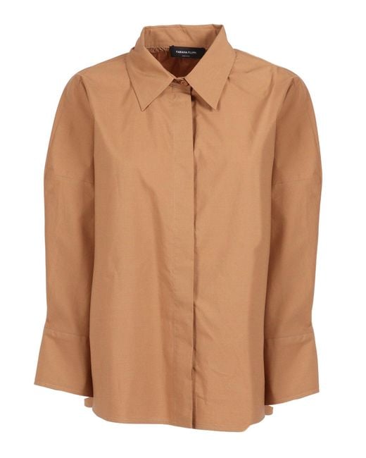 Fabiana Filippi Brown Poplin 3/4 Sleeve Shirt With Tulle And Filo Diamante Detail