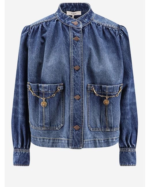 Chloé Blue Ruffle-Collar High-Neck Jacket