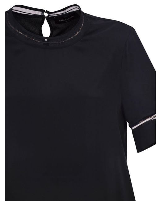 Fabiana Filippi Blue Short Sleeved Silk Satin Blouse With Transparent Inserts