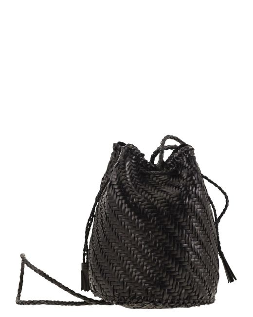 Dragon Black Pompom Double Jump Bucket Bag With Woven Leather