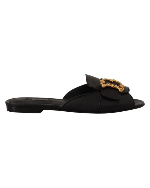 Dolce & Gabbana Black Schwarze Nappaleder Devotion Flats Sandalen Schuhe