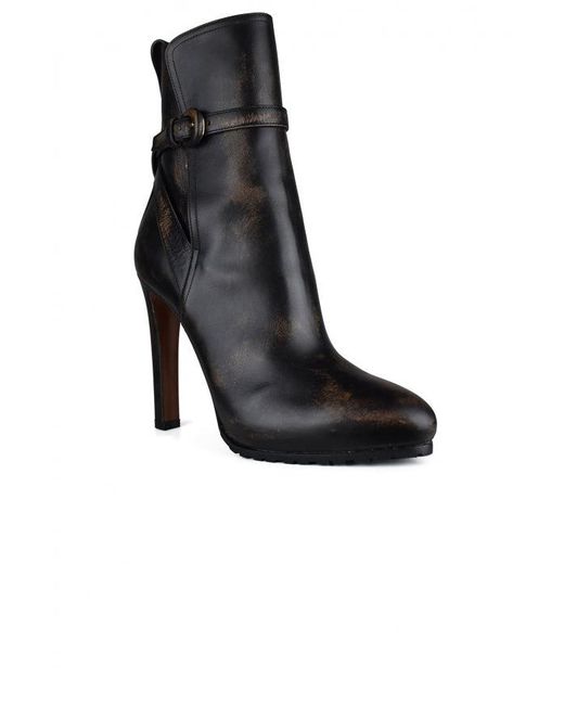 Ralph Lauren Black Distressed Leather Almond-Toe Ankle Boots