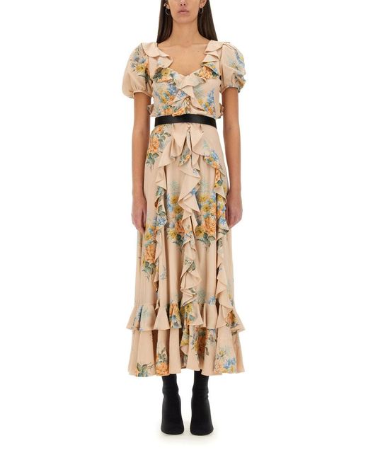 McQueen Metallic Floral Print Ruched Silk Dress