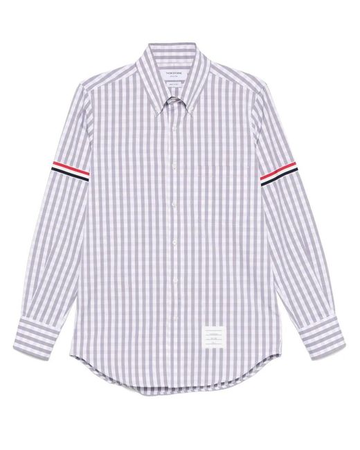 Thom Browne White Gingham Check Long-Sleeve Shirt With Signature Stripes for men