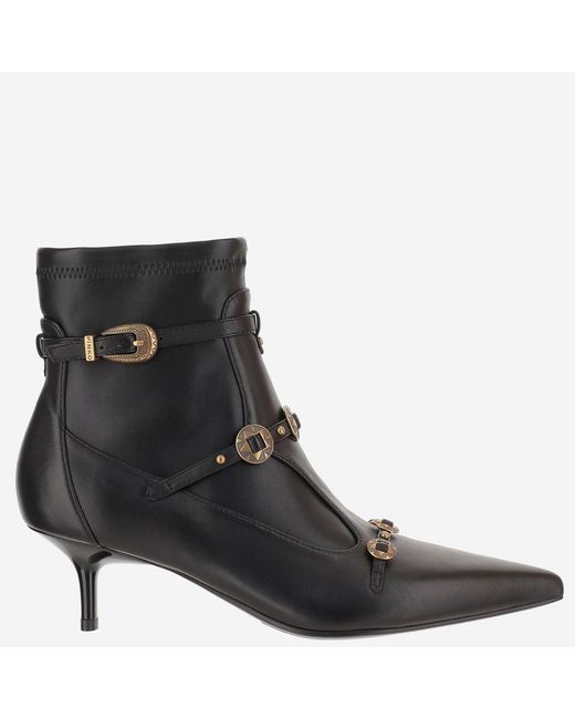 Pinko Black Mixed Leather Ankle Boots With Decorative Straps