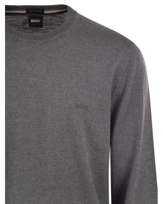 Boss Gray Regular Fit Virgin Wool Jumper With Embroidered Logo for men
