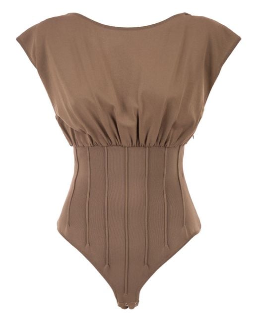Elisabetta Franchi Brown Knit Bodysuit With Deep Neckline And Jewel Detail