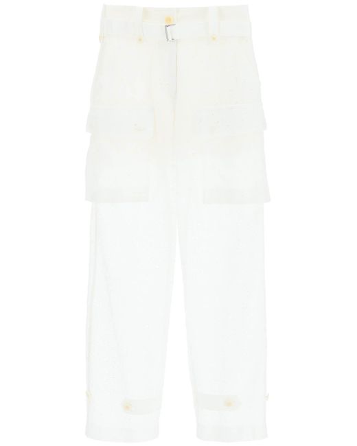 Sacai White Monogramm Spitzenladerhose